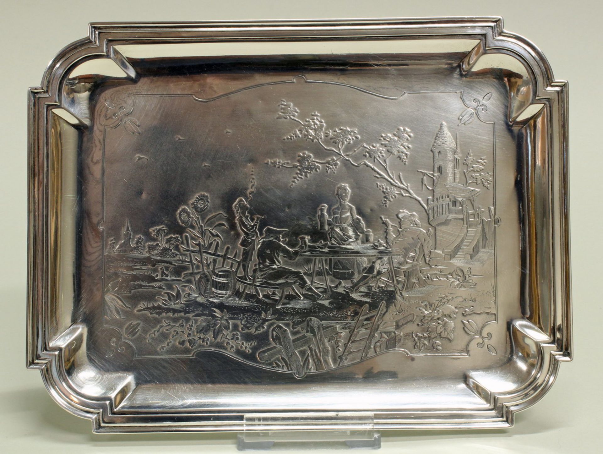 Tablett, Silber 925, Frankreich, rechteckig, Reliefdekor mit zechenden Bauern, profilierter Rand,