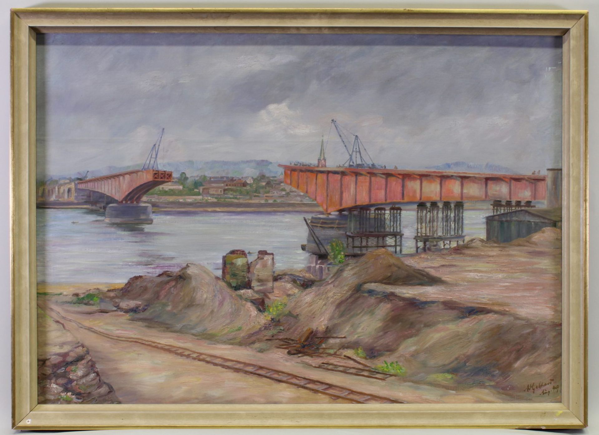 Gebhardt, Adolf (1910 - 1975, Landschaftsmaler), "Bau der Beueler Brücke", Öl auf Leinwand, auf - Image 2 of 4