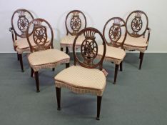 4 Stühle, 2 Armstühle, England, Ende 18. Jh., Hepplewhite-Stil, Mahagoni, Sitzpolster mit erneuertem
