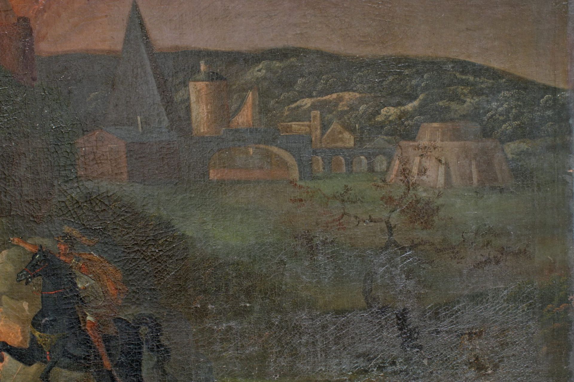 wohl Deutscher Maler (17. Jh.), "Brennende antike Stadt bei Nacht", Öl auf Leinwand, doubliert, - Image 7 of 9
