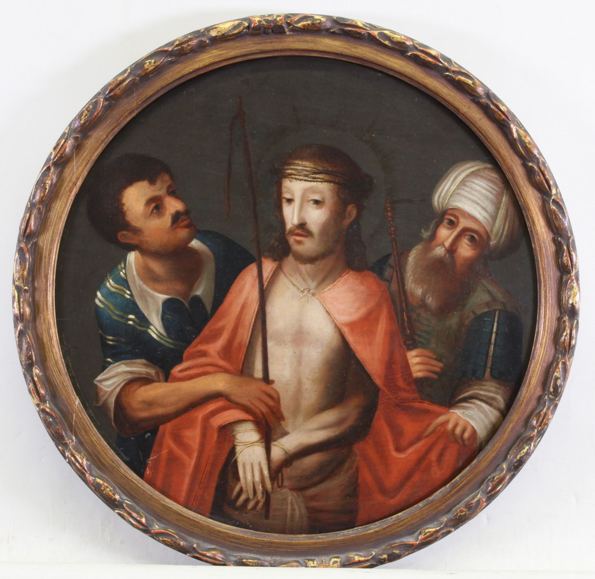 Sakralmaler (wohl 19. Jh.), "Ecco homo", Öl auf Holz, ø 38 cm, rückseitiger Verstärkungskeil - Image 2 of 3