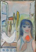 Unbekannter Maler (20. Jh.), "Mädchen mit Taube", Öl auf Leinwand, 70 x 50 cm