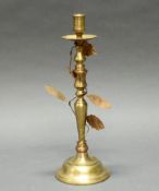 Kerzenhalter, Ende 19. Jh., Messing, einflammig, Balusterschaft, Blattranken aus Metall, 39 cm hoch