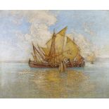 Bombach, Wilhelm (1855 Berlin - 1946, Landschaftsmaler), "Segelboote vor der Küste", Öl auf