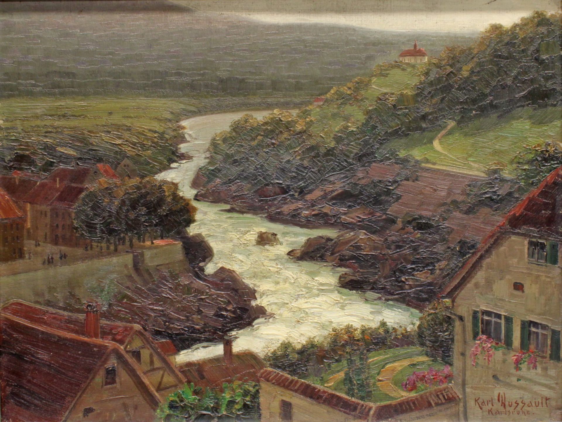 Dussault, Karl (1860 - 1930, Studium an der KA Karlsruhe, Landschaftsmaler), "Stadt am Fluss", Öl