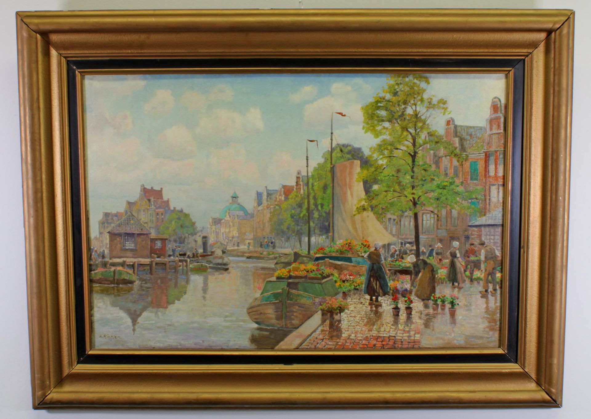 Richter-Johansen, Hans (19./20. Jh.), "Holländischer Blumenmarkt", Öl auf Leinwand, signiert unten - Image 2 of 6