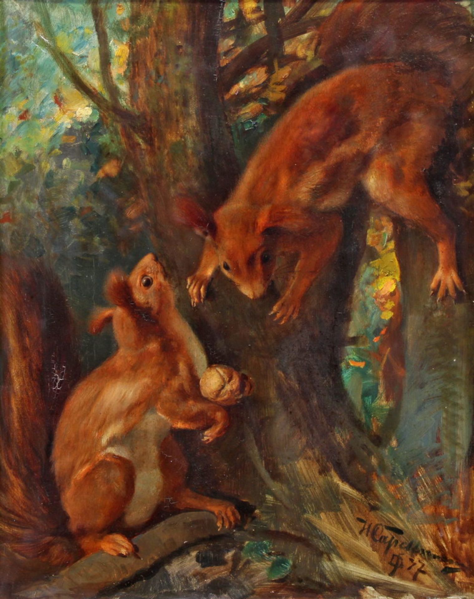 Capellmann, H. (19./20. Jh.), "Zwei Eichhörnchen", Öl auf Leinwand, signiert und datiert unten