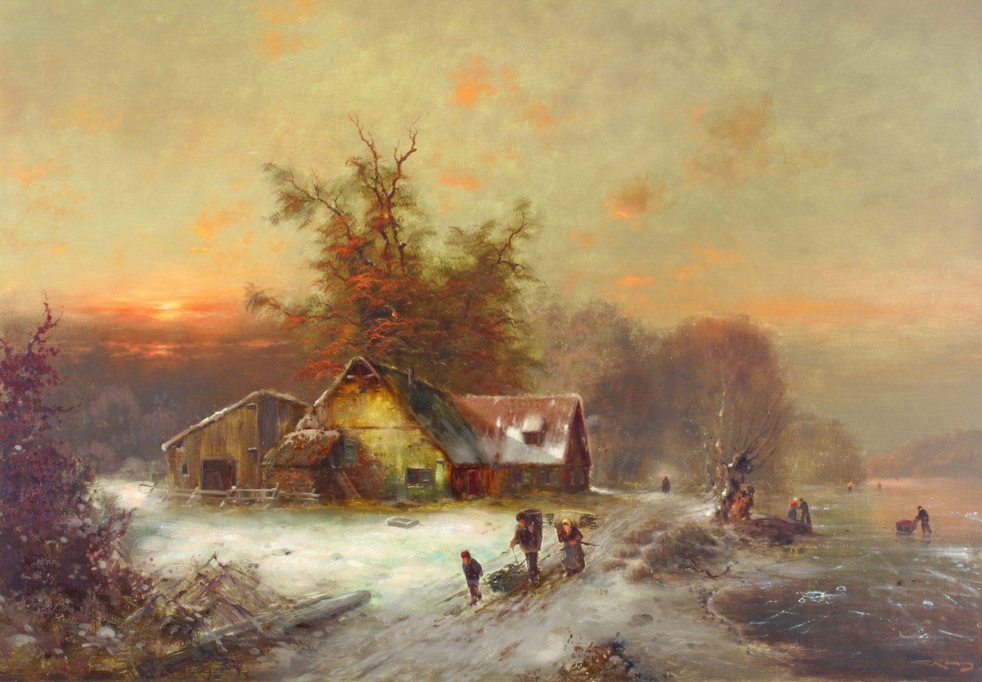 König, Günter (1926 Gießen - 2006 unbek.), "Winterlandschaft mit Sonnenuntergang", Öl auf