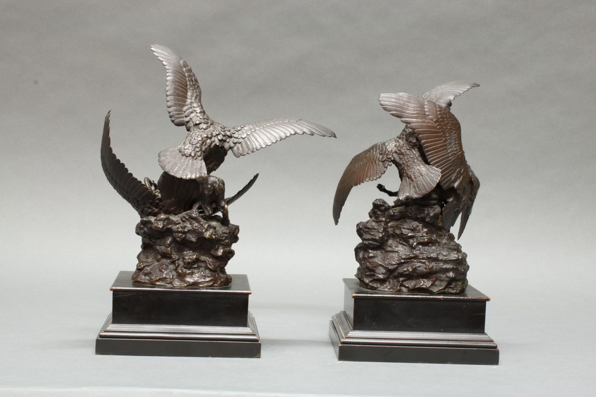 2 Bronzen, dunkelbraun patiniert, "Zwei Adler mit einem Steinbock", "Adler und Geier im Kampf um - Image 2 of 2