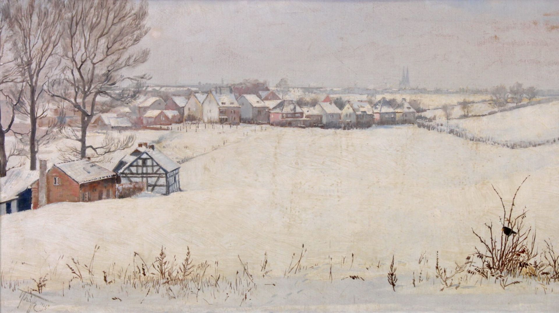 Schäffer, Karl (20. Jh.), "Dorf im Winter", im Hintergrund der Blick auf Köln, Öl auf Holz, signiert