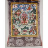 Avadana-Thangka, Tibet, 20. Jh., Farbe auf Leinwand, Brokatfassung, sitzender Buddha Shakyamuni,