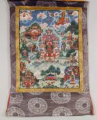 Avadana-Thangka, Tibet, 20. Jh., Farbe auf Leinwand, Brokatfassung, sitzender Buddha Shakyamuni,