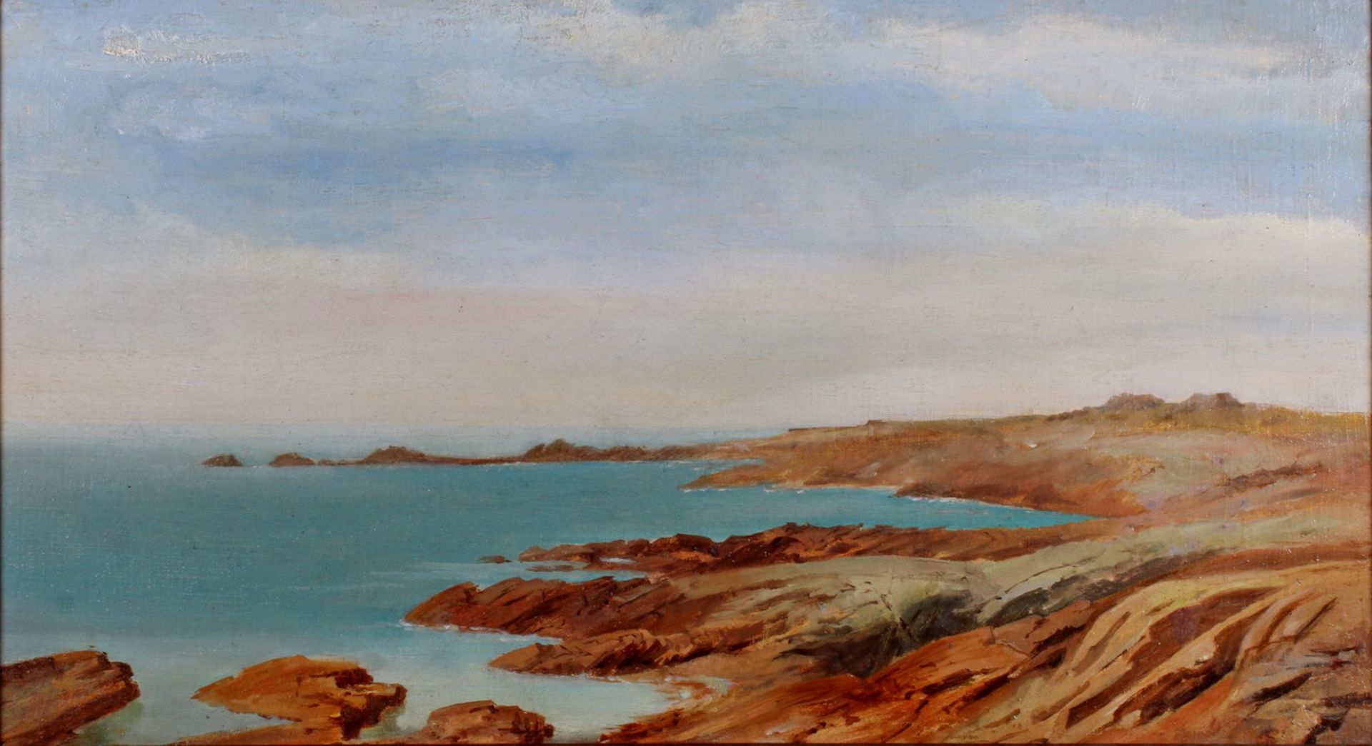 Deutscher Maler (um 1850), "Felsige mediterrane Küste", Ölstudie auf Leinwand, auf Hartfaser, 28.5 x