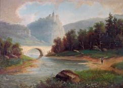 Lindner, Carl (1840 - 1883, deutscher Landschaftsmaler), "Angler am Fluss", im Hintergrund eine