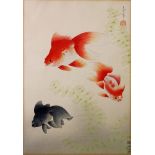 Farbholzschnitt, "Drei Goldfische zwischen Seegras", Japan, Bakufu Ohno (1888-1976), Verlag kyoto
