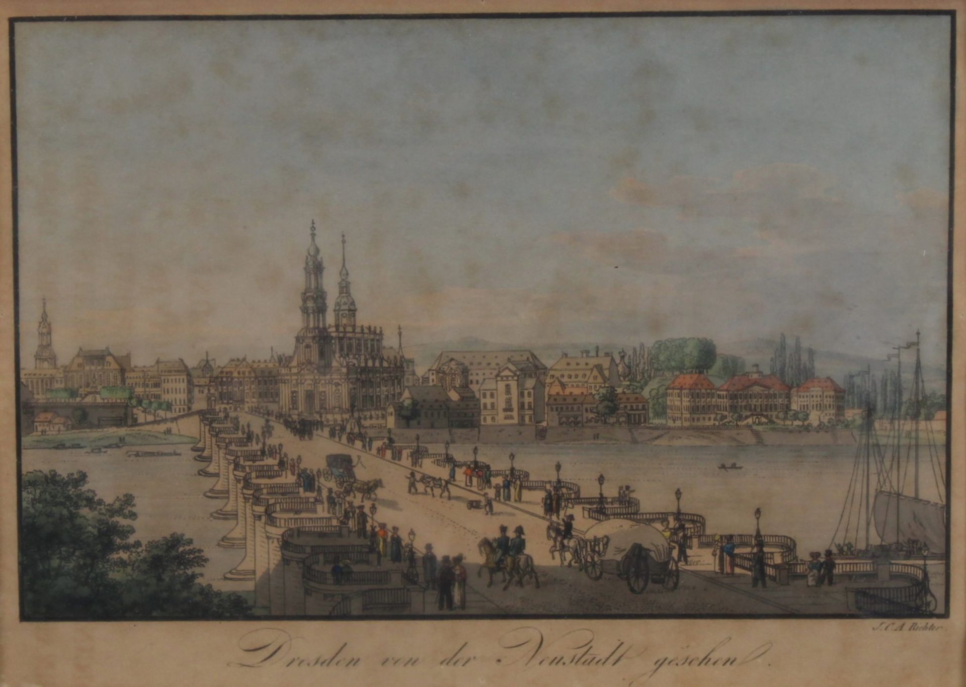 2 kolorierte Radierungen, "Ansicht von Meißen", "Dresden von der Neustadt", Johannes Carl August - Bild 3 aus 3