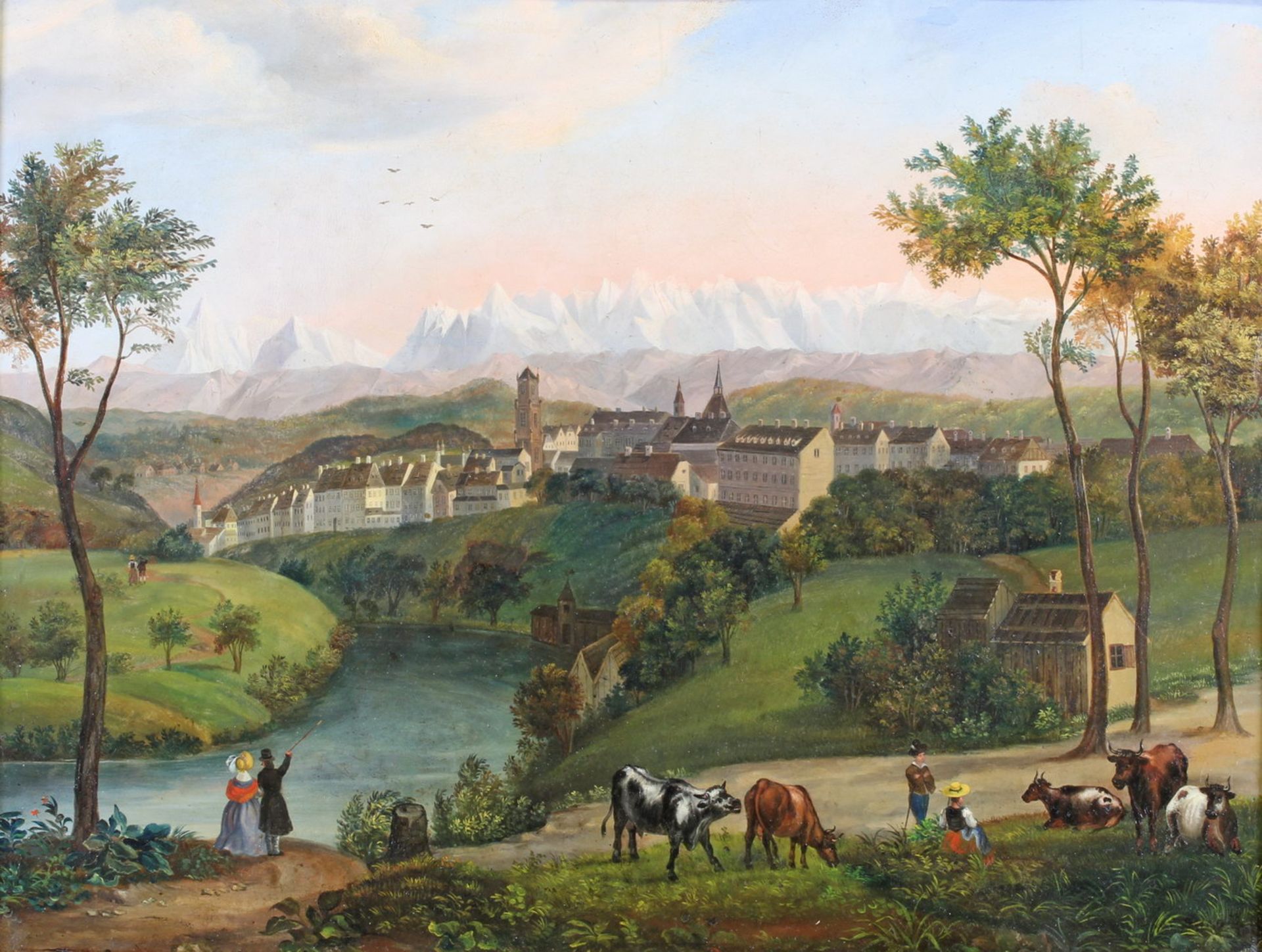 Anonym (19. Jh.) "Stadtansicht von Bern", Öl auf Metall, auf einem Baumstumpf unten links alt