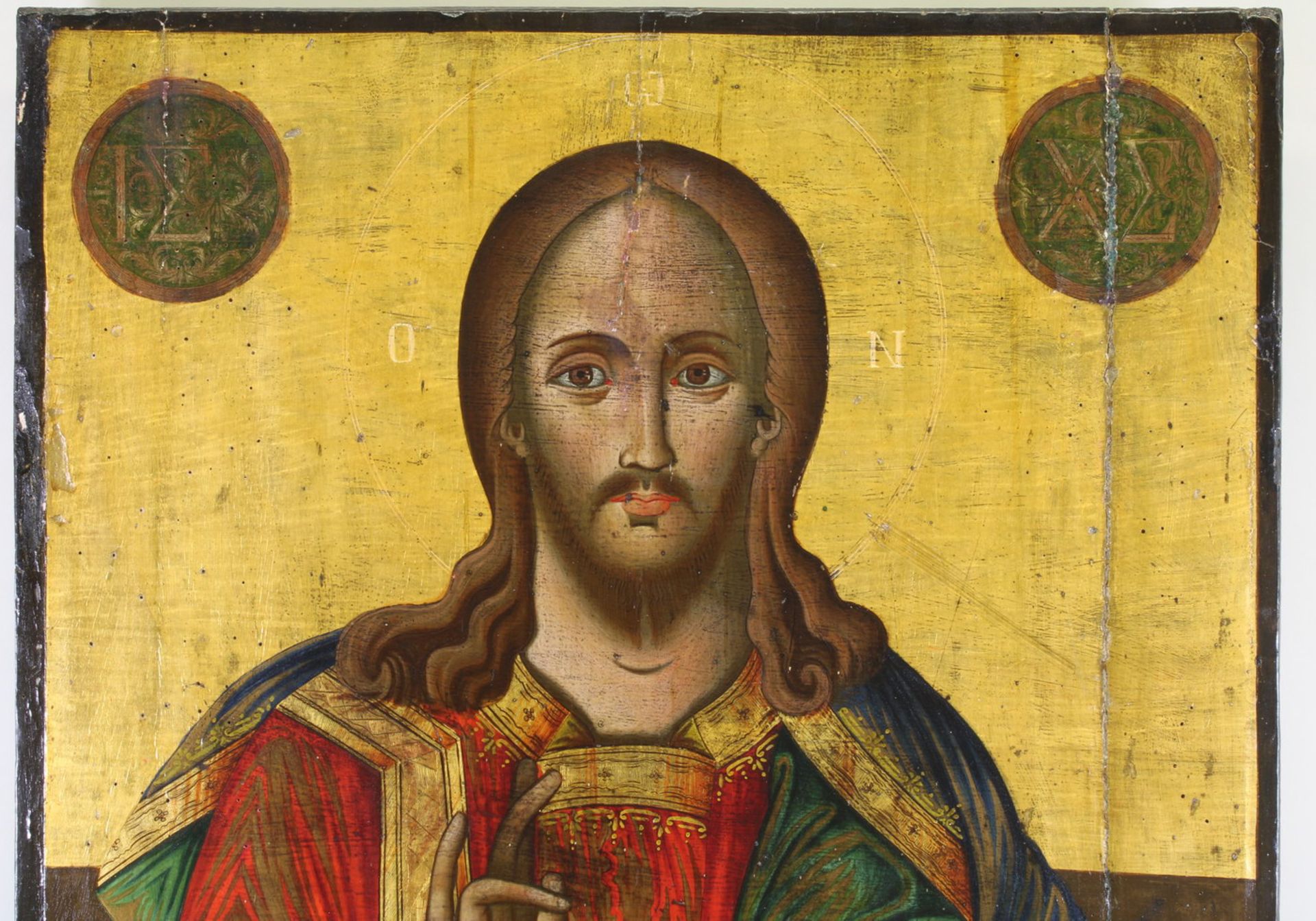 Große Ikone, Tempera auf Holz, "Christus Pantokrator", Griechenland, 19. Jh., Goldgrund, 83 x 58 cm, - Bild 2 aus 4