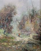 Bauer, H. (20. Jh.), "Spaziergang im Wald", Öl auf Leinwand, signiert unten rechts H. Bauer, 70 x 60