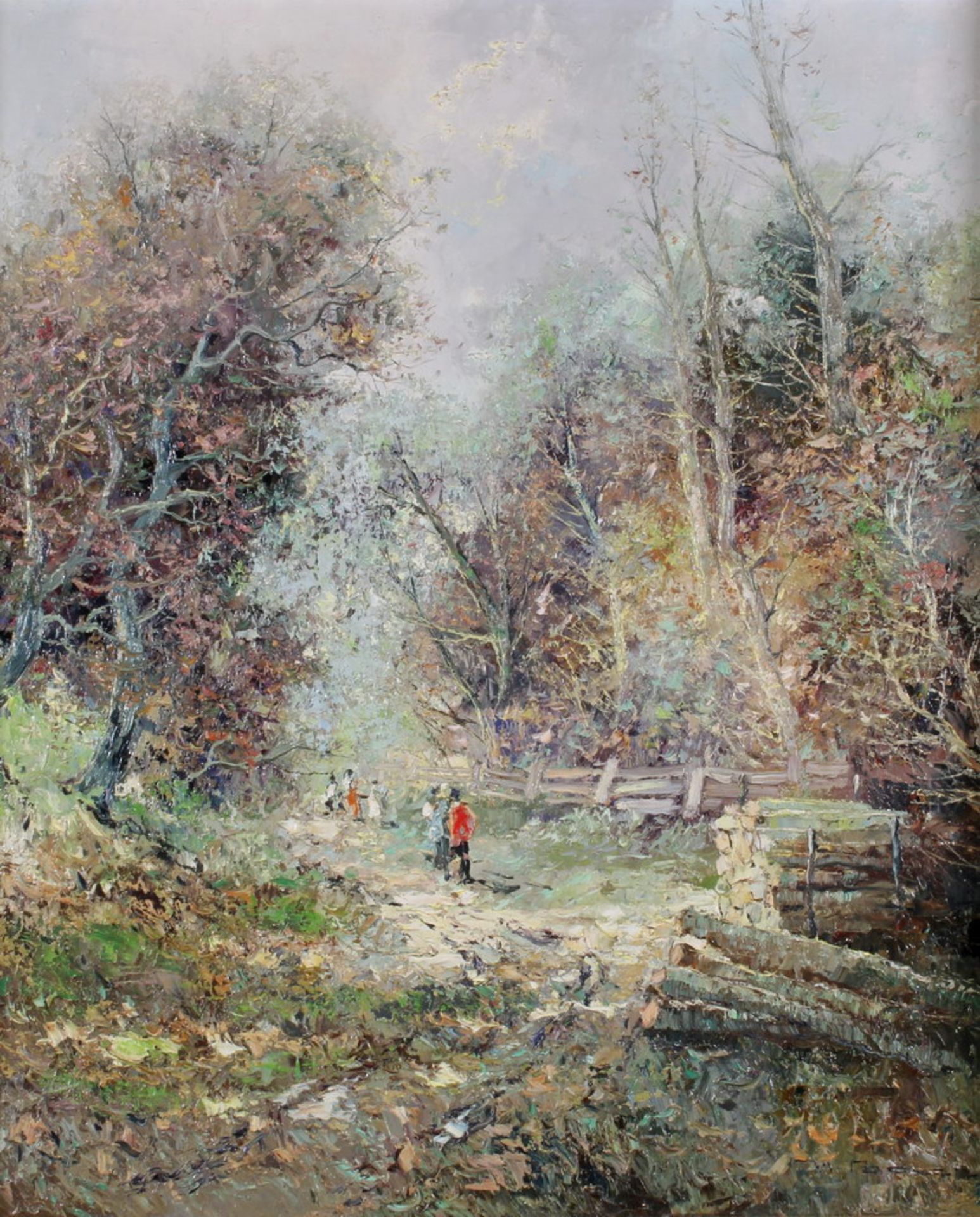 Bauer, H. (20. Jh.), "Spaziergang im Wald", Öl auf Leinwand, signiert unten rechts H. Bauer, 70 x 60