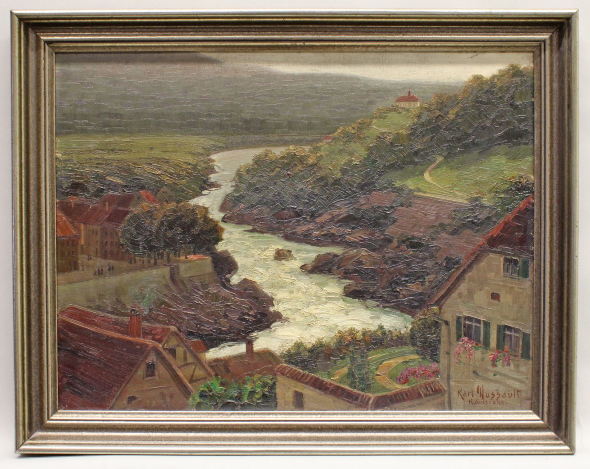 Dussault, Karl (1860 - 1930, Studium an der KA Karlsruhe, Landschaftsmaler), "Stadt am Fluss", Öl - Image 2 of 4