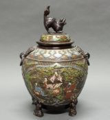 Weihrauchbrenner, Japan, um 1900, Bronze, patiniert, in chinesischem Stil, Cloisonné-Einlagen,