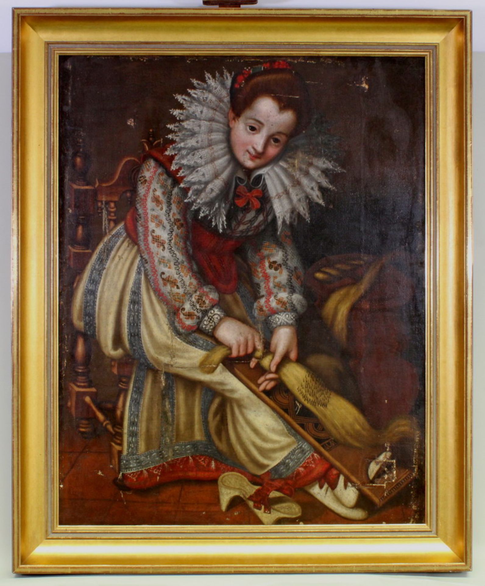 Genremaler (16./17. Jh.), "Junge Frau beim Hanf kämmen", Öl auf Leinwand, auf Platte, 107 x 85 cm, - Image 2 of 4