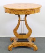 Beistelltisch,Biedermeier-Stil, neuzeitlich, ovale Form, Wurzelmaserholz, ein Schubfach, Lyrafuß, 69