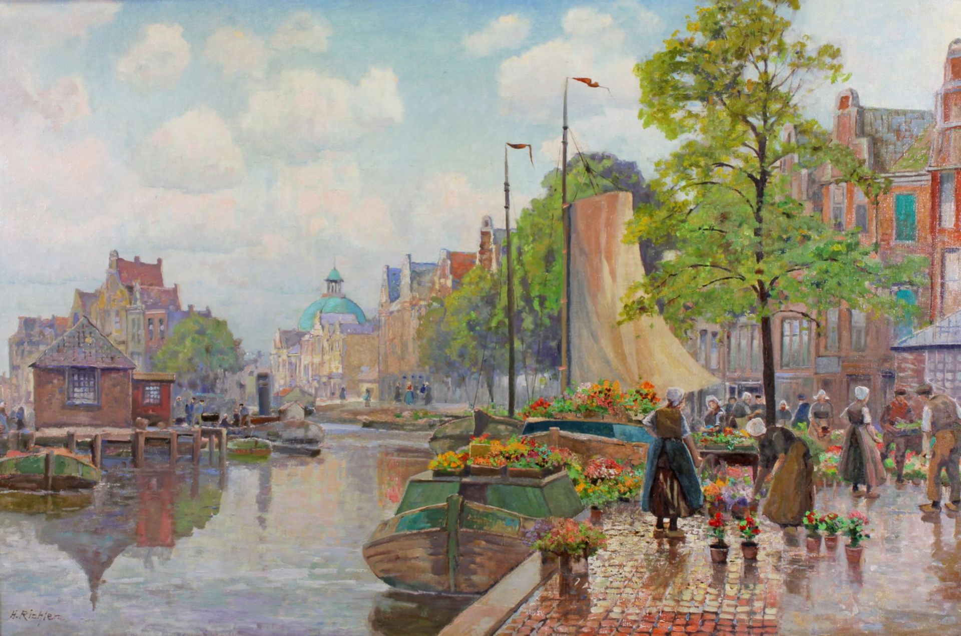 Richter-Johansen, Hans (19./20. Jh.), "Holländischer Blumenmarkt", Öl auf Leinwand, signiert unten