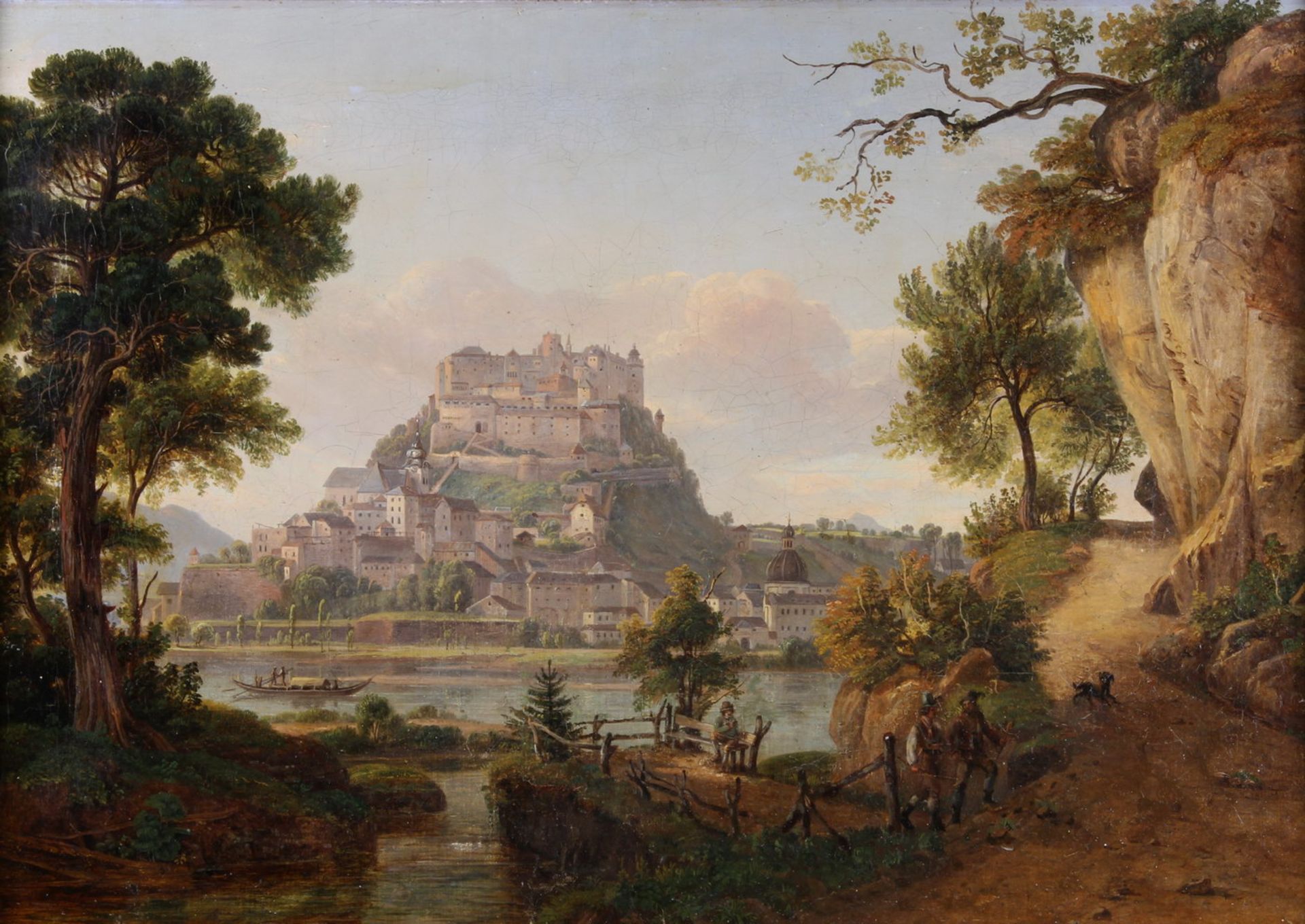 Anonym (19. Jh.), "Blick über die Salzach auf die Festung Hohensalzburg", Öl auf Leinwand,