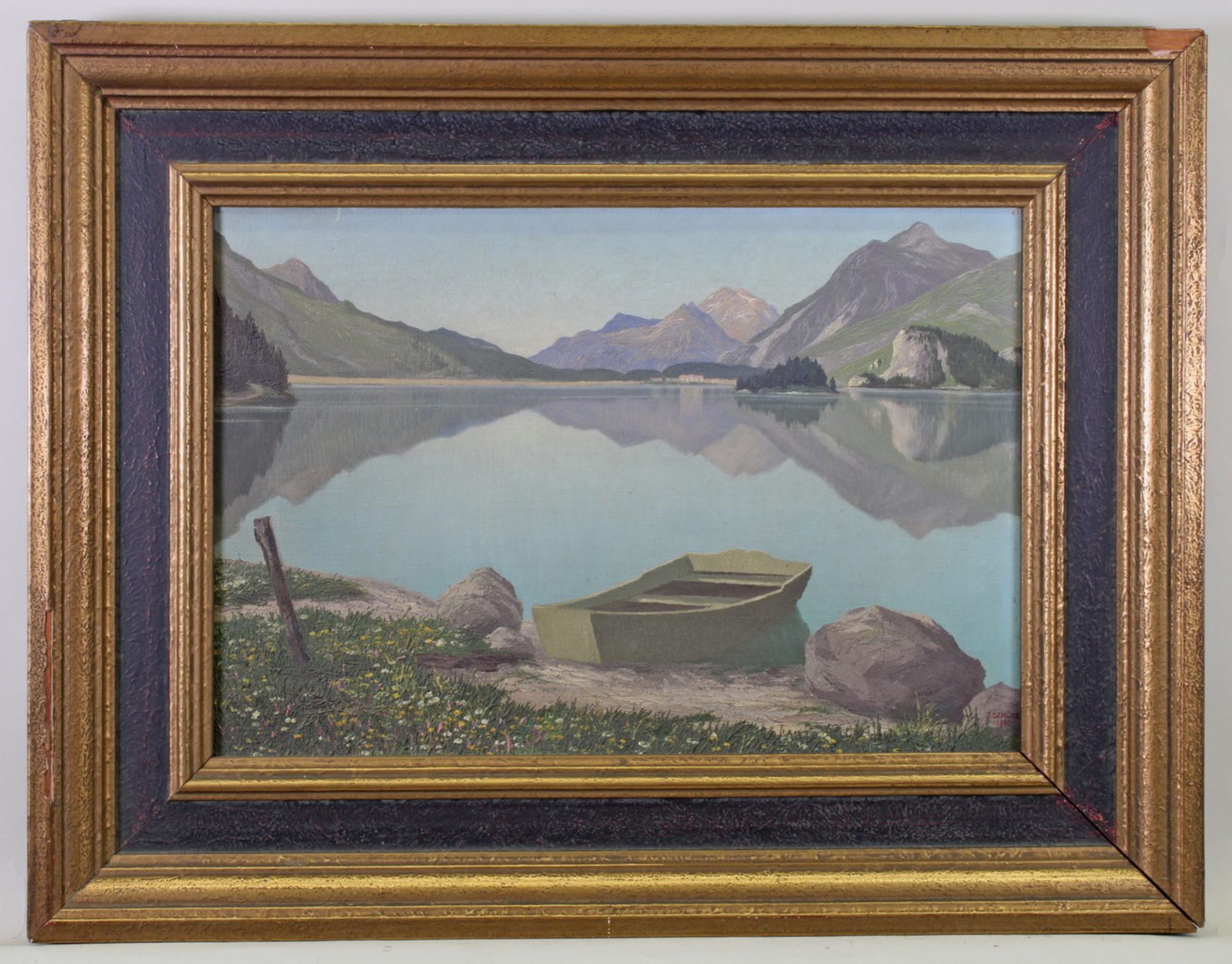 Schütz, J. (1. Hälfte 20. Jh.), "Alpensee", Öl auf Leinwand, signiert und datiert unten rechts J. - Image 2 of 5