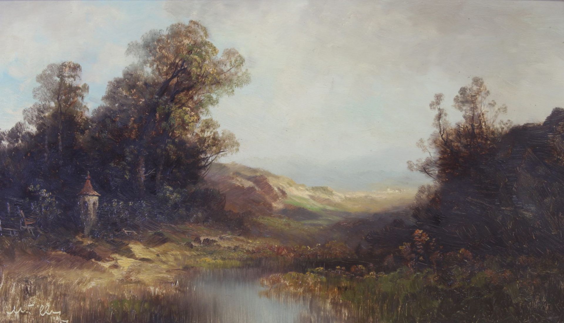 Mulley, Oskar (1891 Klagenfurt - 1949 Garmisch), "Landschaft mit Marterl", Öl auf Hartfaser,