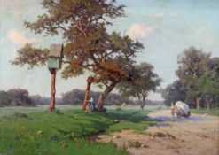 Willroider, Josef (1838 Villach - 1915 München), "Landschaft mit Andachtsbild und Bauern", Öl auf
