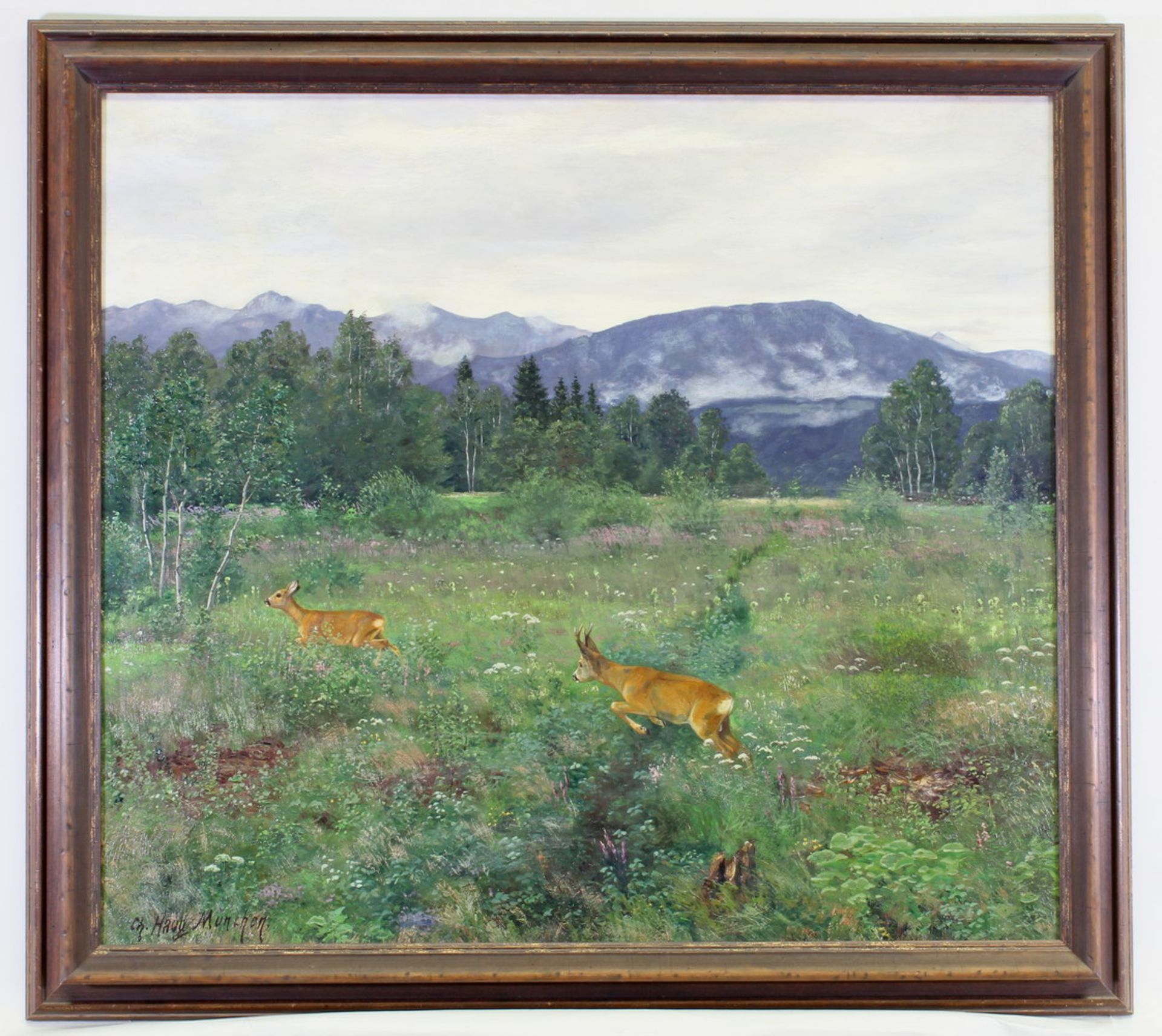 Haug, Christian (1878 - 1942, Jagdmaler), "Rehwild in Sommerlandschaft", Öl auf Leinwand, signiert - Image 2 of 4