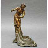 Plastik, Metallguss, bronziert, "Junge Frau in langem Kleid", Jugendstil, 24.5 cm hoch, leicht