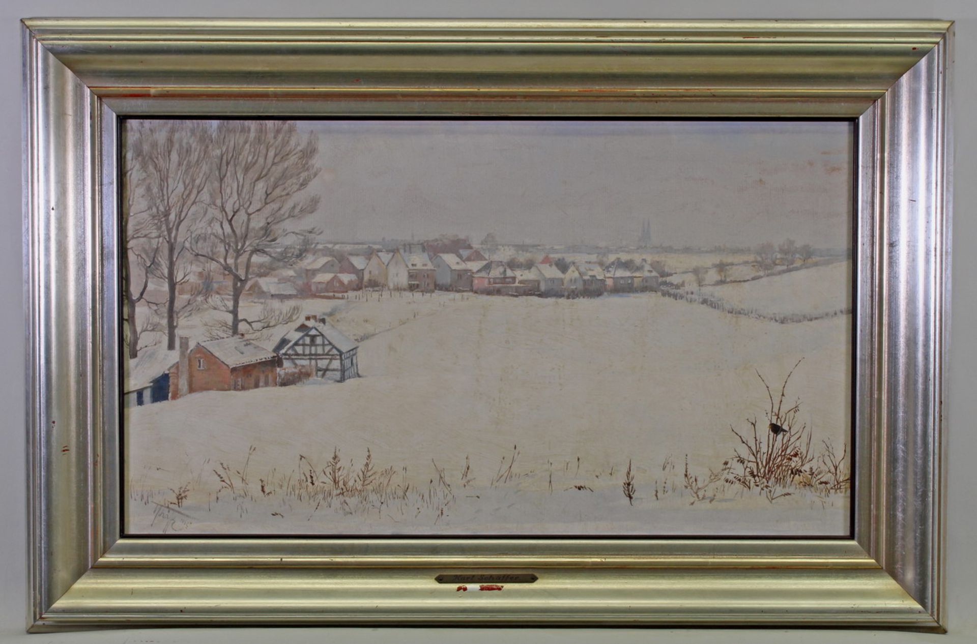 Schäffer, Karl (20. Jh.), "Dorf im Winter", im Hintergrund der Blick auf Köln, Öl auf Holz, signiert - Image 2 of 3