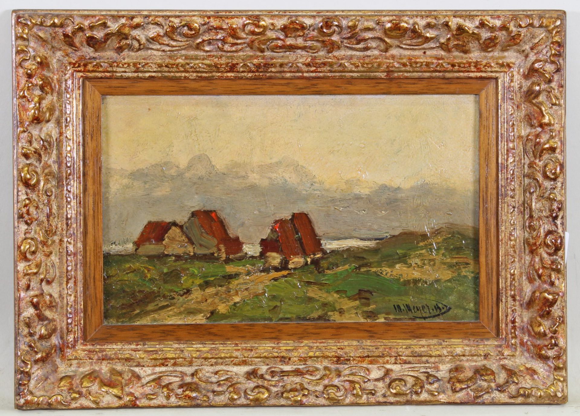 Meyer (20. Jh.), "Dünenlandschaft mit Fischerkaten", Öl auf Karton, signiert und datiert unten - Bild 2 aus 3
