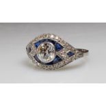 Ring, Art Deco, um 1920/30, Platin, 1 Diamant ca. 1.0 ct., etwa w/p, Altschliff, Besatz-Diamanten