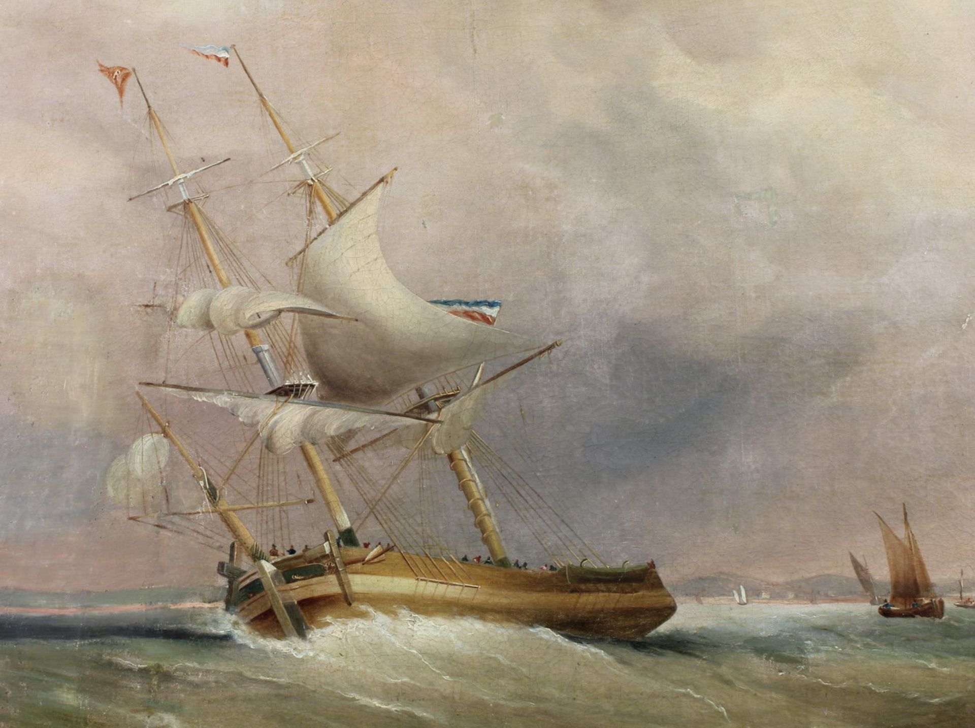 Marinemaler (19. Jh.), "Segelschiffe vor der Küste", Öl auf Leinwand, doubliert, bezeichnet unten - Image 3 of 5