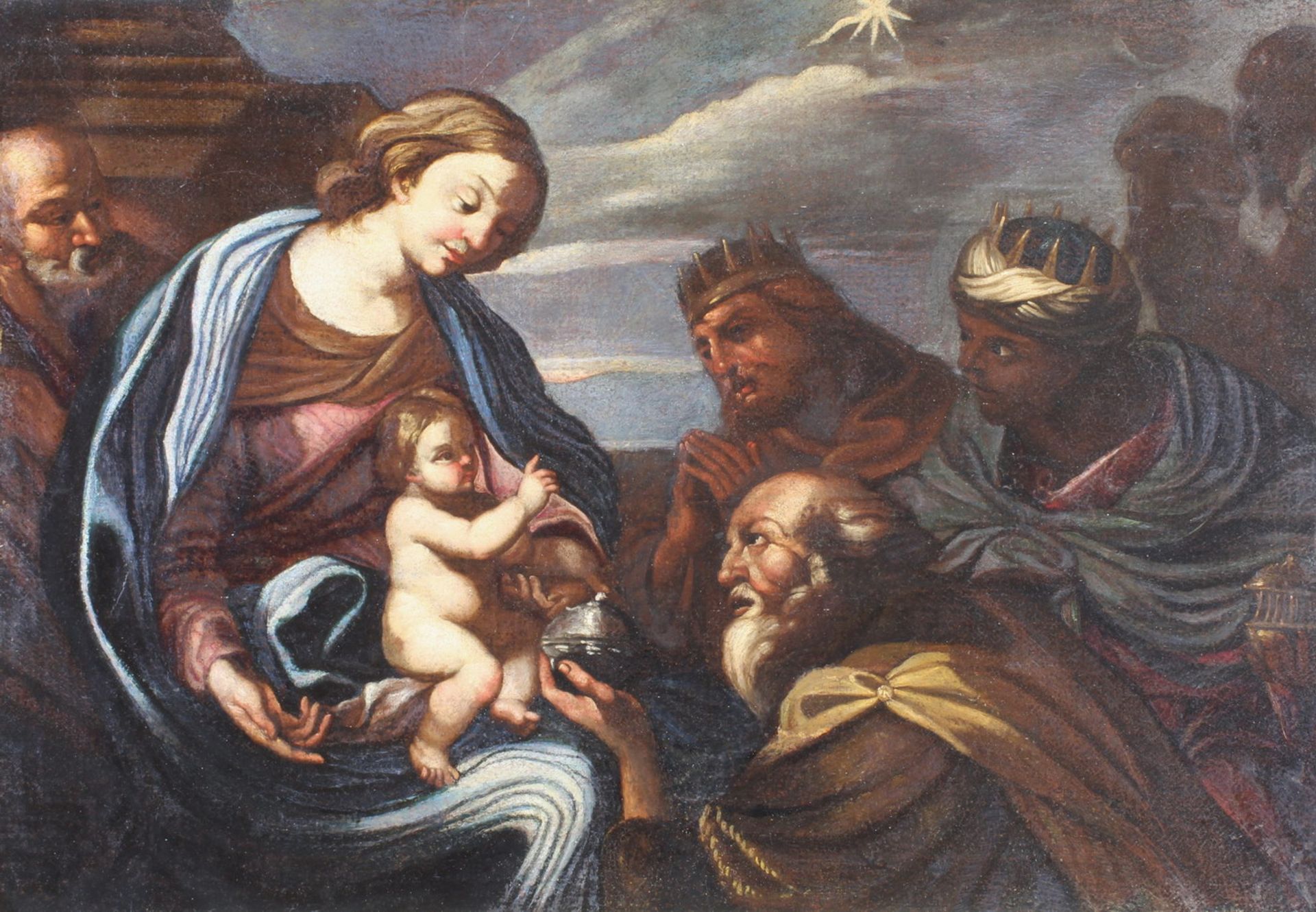 Italien (17. Jh.), "Anbetung der Könige", Öl auf Leinwand, doubliert, 65 x 94 cm, restauriert,