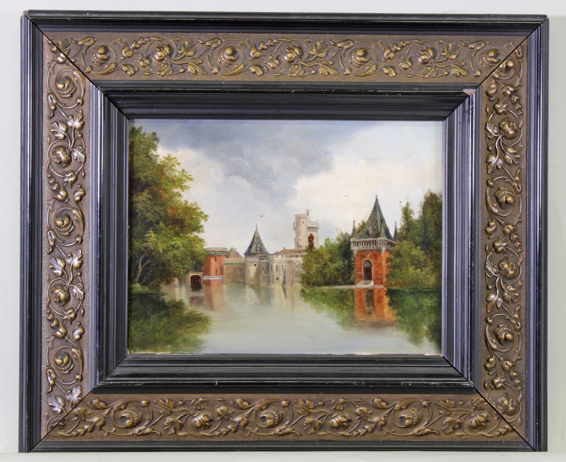 Landschaftsmaler (19. Jh.), "Ansicht eines Wasserschlosses", Öl auf Holz, 16 x 21 cm - Image 2 of 5