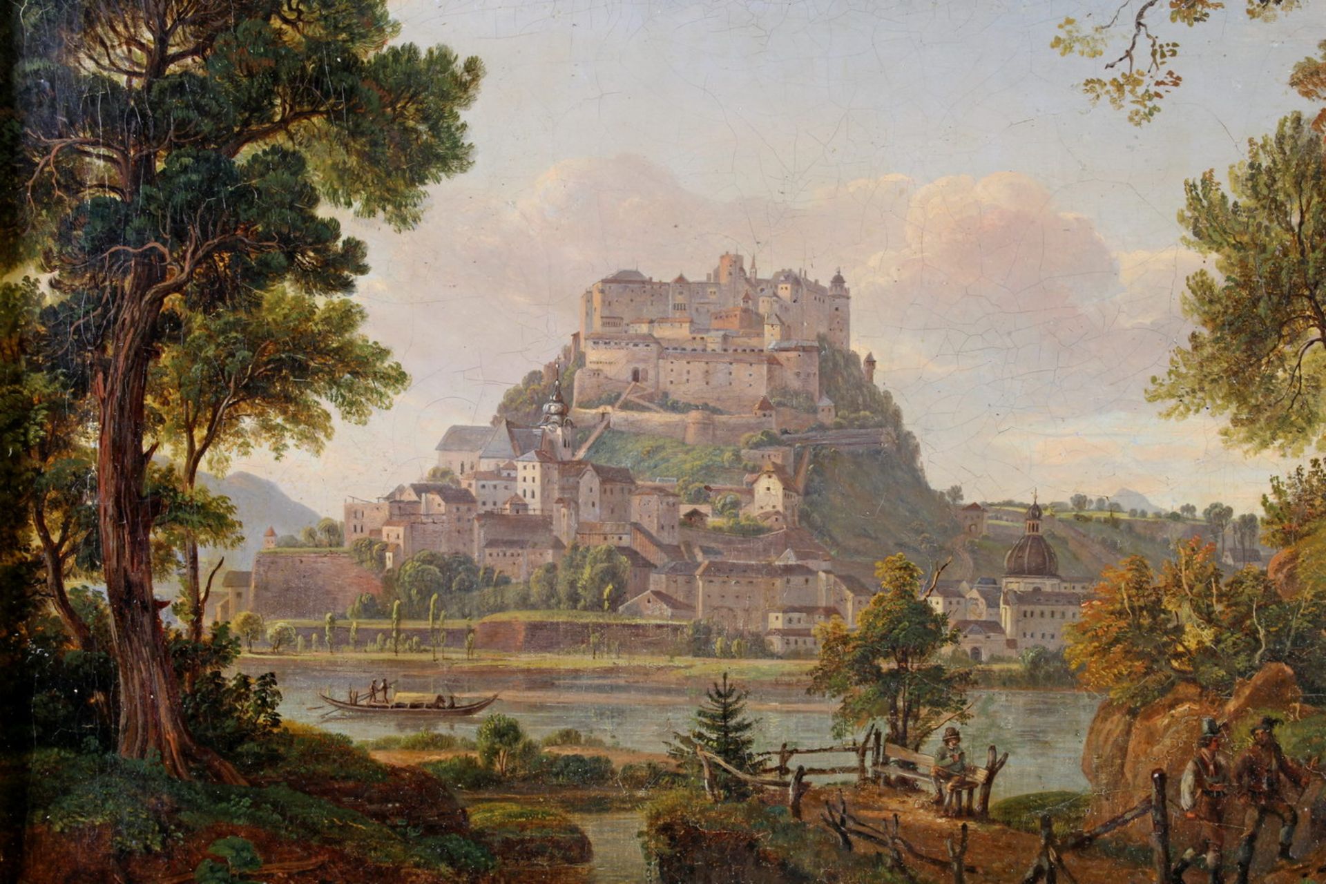 Anonym (19. Jh.), "Blick über die Salzach auf die Festung Hohensalzburg", Öl auf Leinwand, - Image 4 of 5
