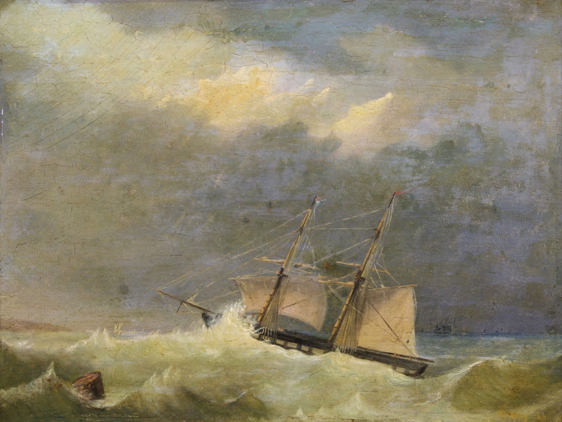 Marinemaler (19. Jh.), "Segelschiff in stürmischer See", Öl auf Holz, undeutlich signiert unten