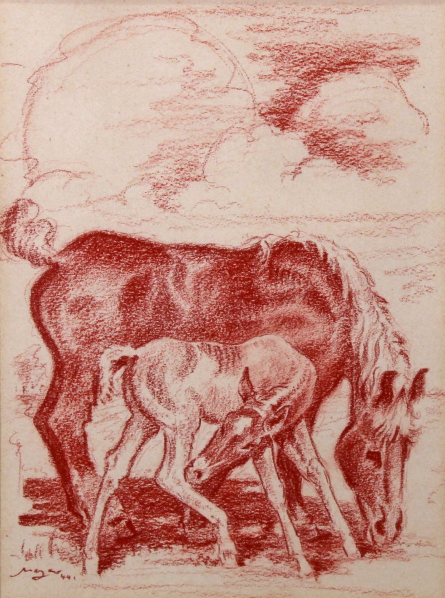 Neyers, Kurt (1900 Düsseldorf - 1969 ebda.), Kreidezeichnung, "Stute mit Fohlen", signiert und