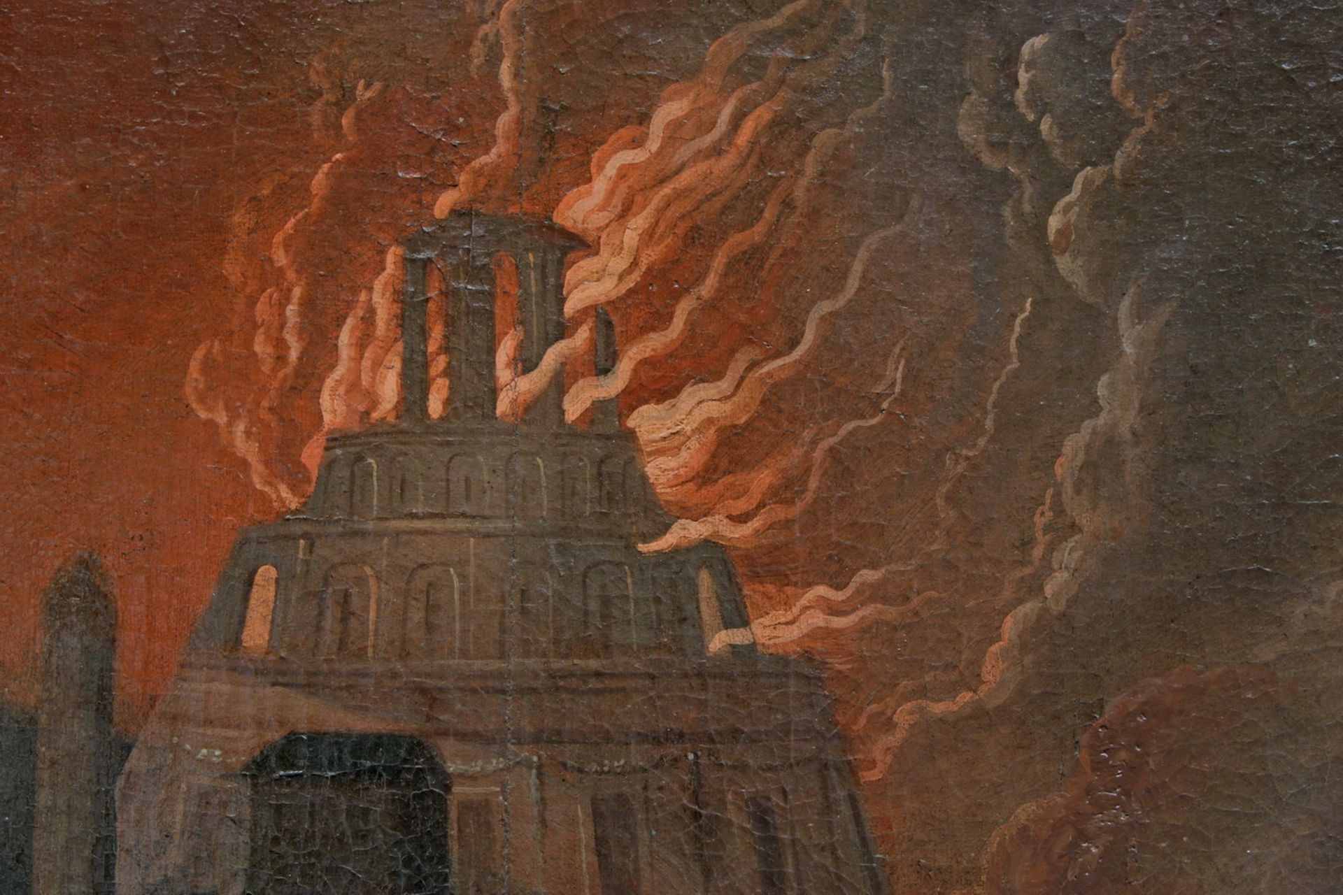 wohl Deutscher Maler (17. Jh.), "Brennende antike Stadt bei Nacht", Öl auf Leinwand, doubliert, - Image 5 of 9