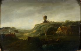 Niederländischer Landschaftsmaler (18./19. Jh.), "Hügellandschaft mit Windmühle", Öl auf Holz, 18