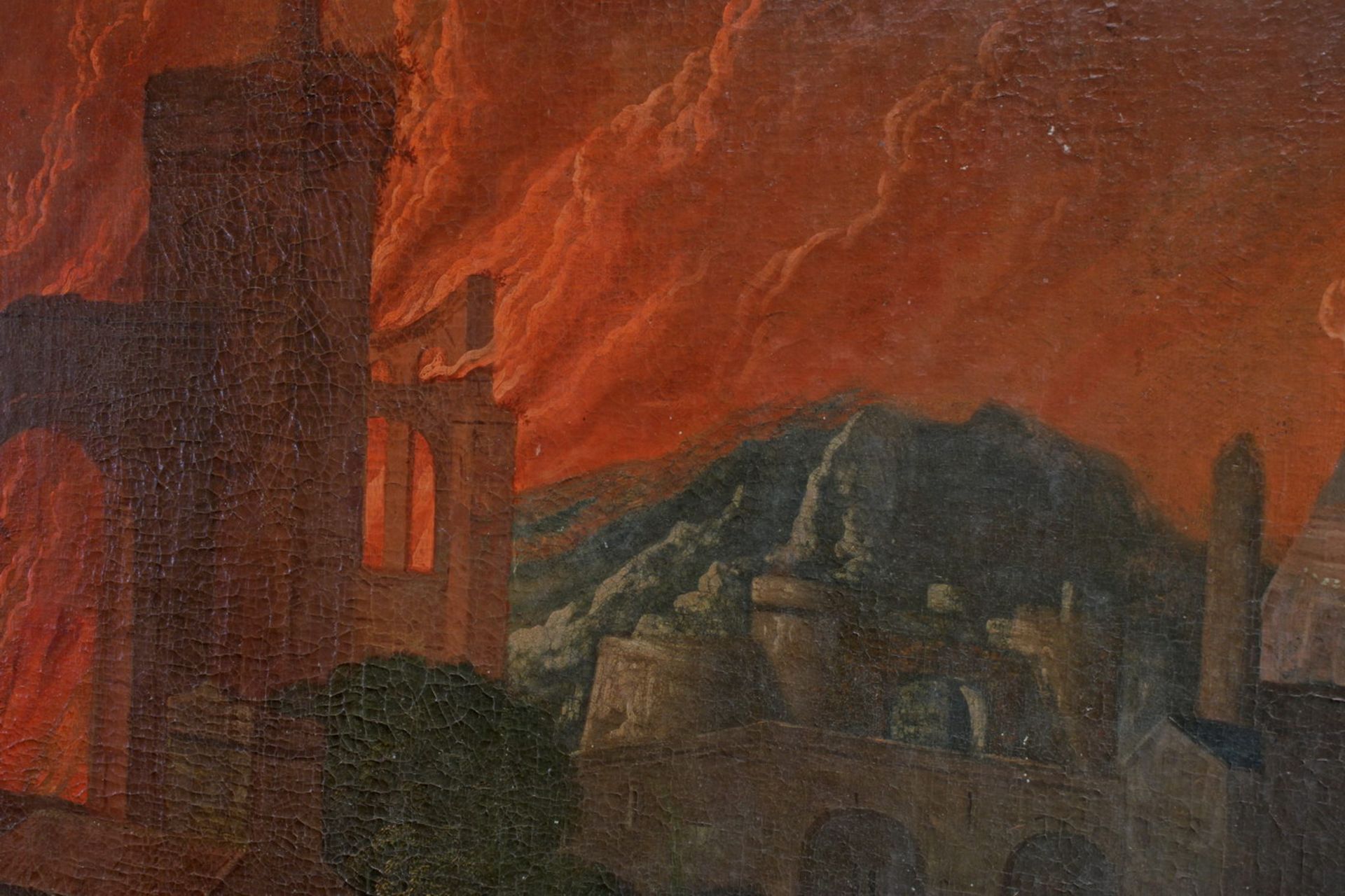 wohl Deutscher Maler (17. Jh.), "Brennende antike Stadt bei Nacht", Öl auf Leinwand, doubliert, - Image 6 of 9