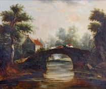Unbekannter Maler (19. Jh.), "Viehtrieb über einen Fluss", Öl auf Leinwand, doubliert, 50 x 60.5 cm