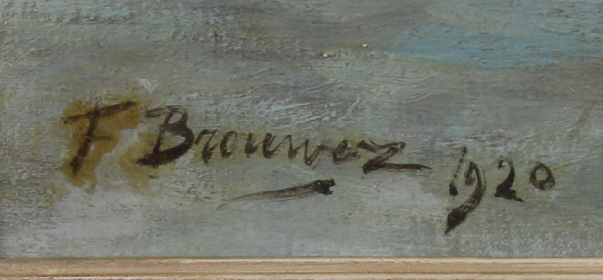 Brouwer, F. (19./20. Jh.), "Holländische Flusslandschaft mit Dorfkirche", Öl auf Leinwand, - Image 4 of 5