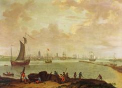 Marinemaler (18. Jh.), "Blick auf Oostende", im Vordergrund arbeitende Fischer, Öl auf Leinwand,